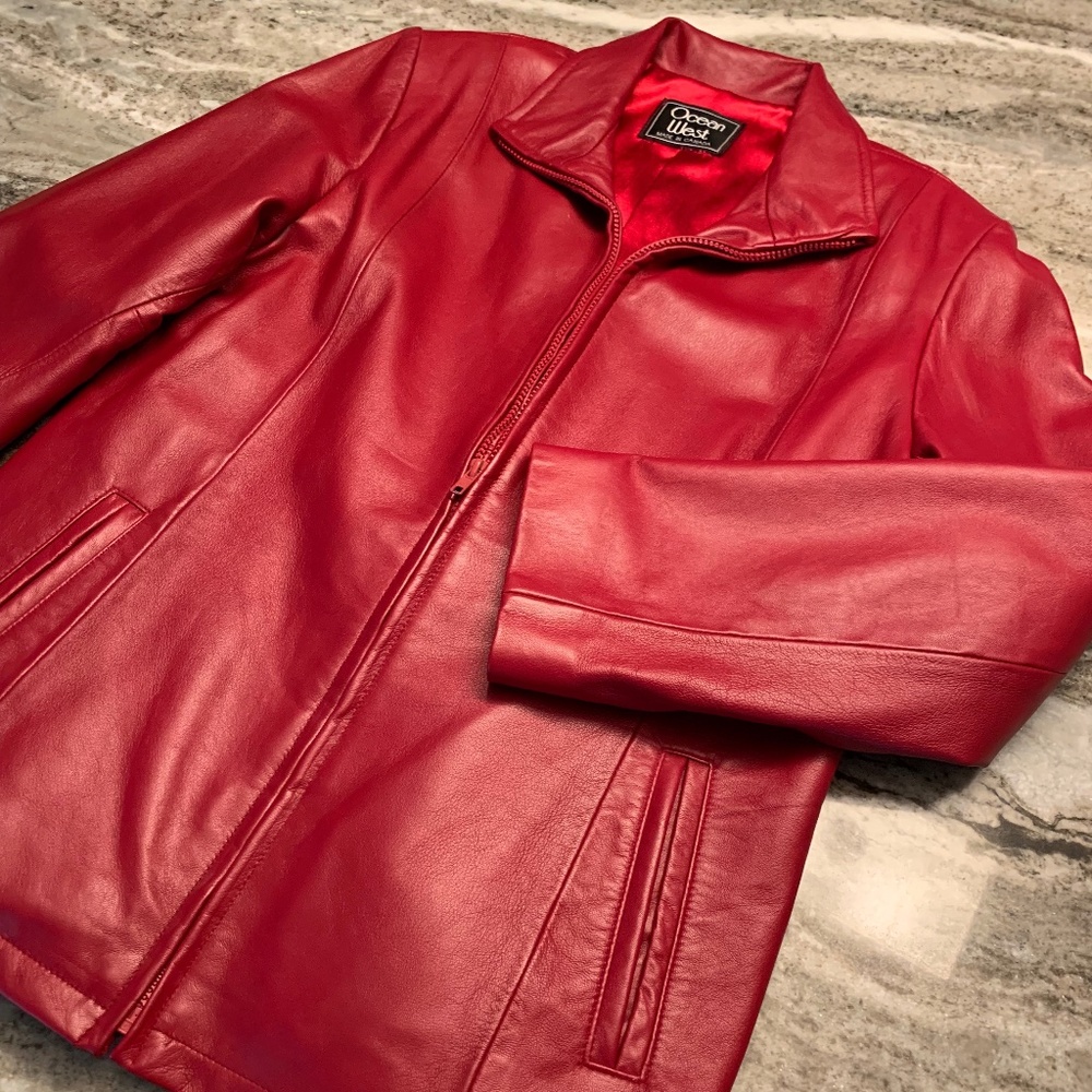Ocean West Red Soft Leather Front Zip Jacket L
